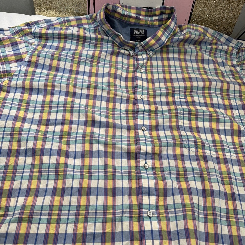 Nautica Men Shirt Large Plaid Linen Blend Button Up Short‎ SleeveEaster 5xlt 512